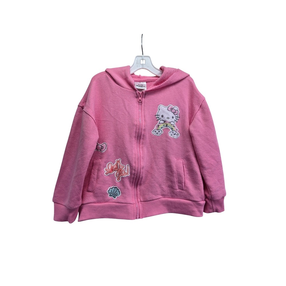 Hello Kitty Sanrio Girls Pink Zip Up Hoodie Sweatshirt Patches Size 5/6 Raw Hems